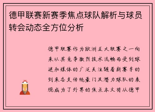 德甲联赛新赛季焦点球队解析与球员转会动态全方位分析