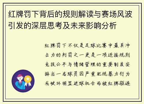 红牌罚下背后的规则解读与赛场风波引发的深层思考及未来影响分析